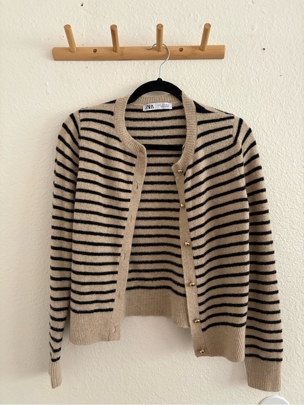 Zara Beige and Black Striped Crewneck Button Cardigan